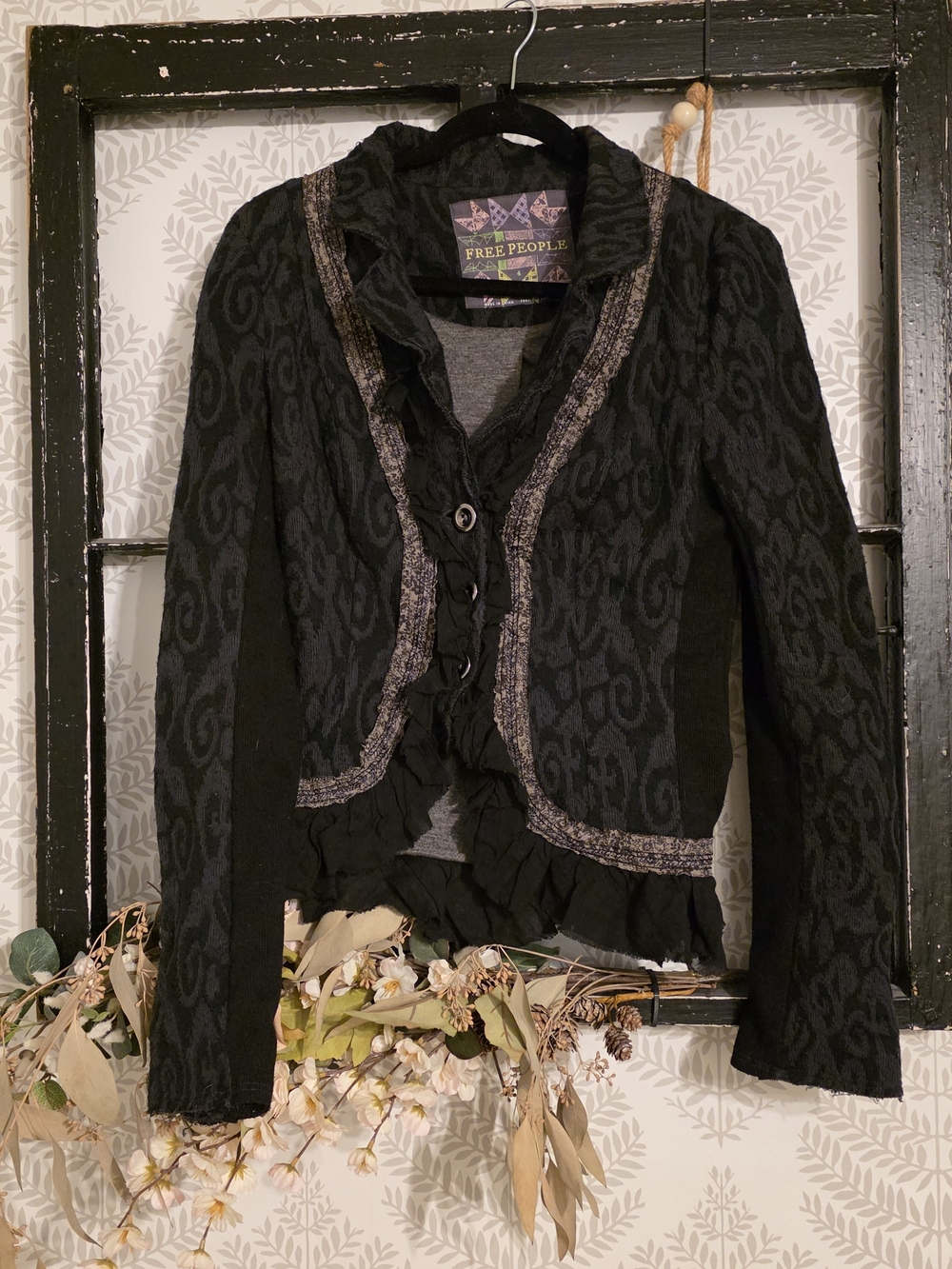 Free People Black Patterned Ruffle-Trim Blazer